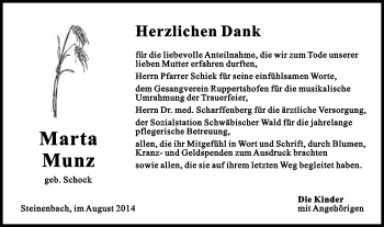 Traueranzeige von Marta Munz von Gmünder Tagespost
