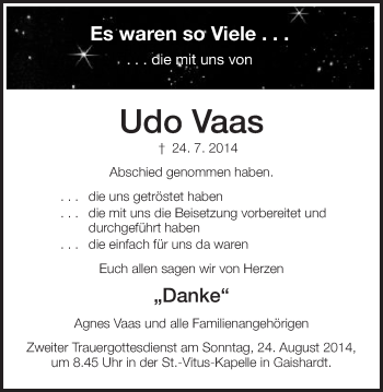 Traueranzeige von Udo Vaas von Schwäbische Post