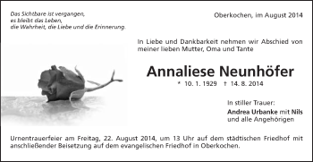 Traueranzeige von Annaliese Neunhöfer von Schwäbische Post