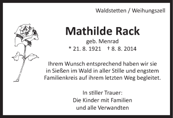 Traueranzeige von Mathilde Rack von Gmünder Tagespost