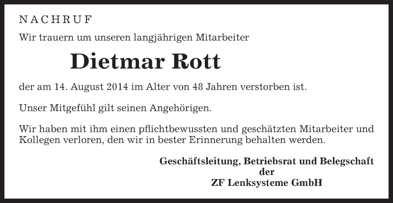  Traueranzeige für Dietmar Rott vom 16.08.2014 aus Gmünder Tagespost