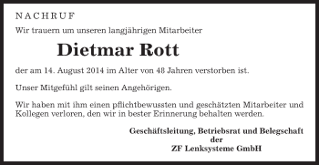 Traueranzeige von Dietmar Rott von Gmünder Tagespost