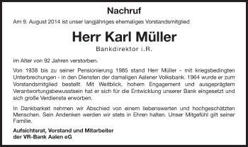 Traueranzeige von Karl Müller von Schwäbische Post