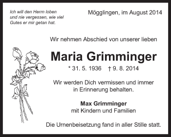 Traueranzeige von Maria Grimminger von Gmünder Tagespost