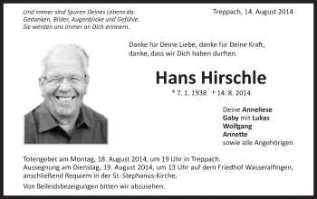 Traueranzeige von Hans Hirschle von Schwäbische Post