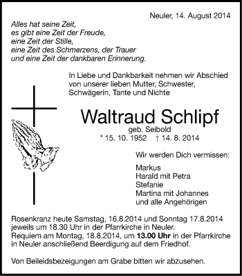 Traueranzeige von Waltraud Schlipf von Schwäbische Post