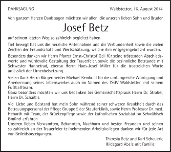 Traueranzeige von Josef Betz von Gmünder Tagespost