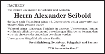 Traueranzeige von Alexander Seibold von Gmünder Tagespost