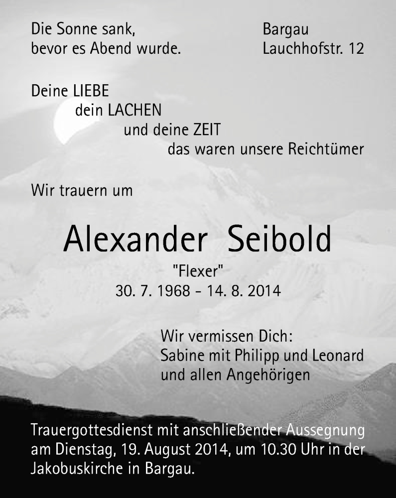  Traueranzeige für Alexander Seibold vom 18.08.2014 aus Gmünder Tagespost