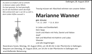 Traueranzeige von Marianne Wanner von Schwäbische Post