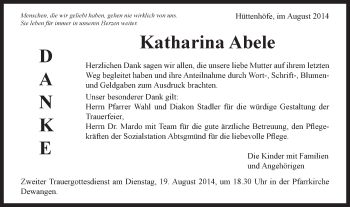 Traueranzeige von Katharina Abele von Schwäbische Post