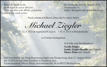 Traueranzeige von Michael Ziegler von Schwäbische Post