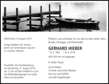 Traueranzeige von Gerhard Hieber von Gmünder Tagespost