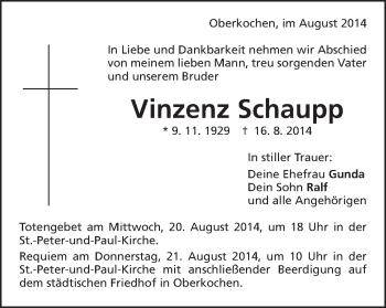 Traueranzeige von V inzenz Schaupp von Schwäbische Post