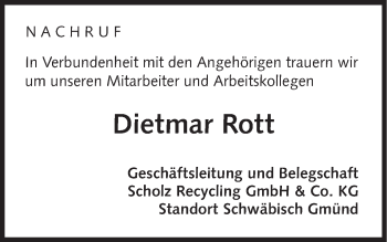 Traueranzeige von Dietmar Rott von Gmünder Tagespost