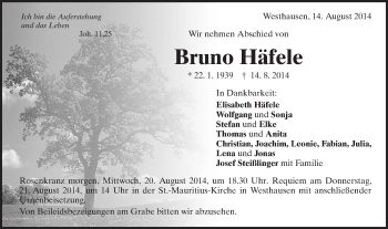 Traueranzeige von Bruno Häfele von Schwäbische Post
