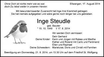 Traueranzeige von Inge Steudle von Schwäbische Post