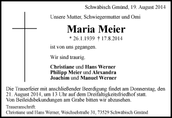 Traueranzeige von Maria Meier von Gmünder Tagespost