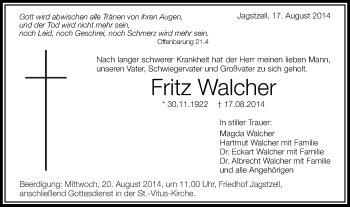 Traueranzeige von Fritz Walcher von Schwäbische Post