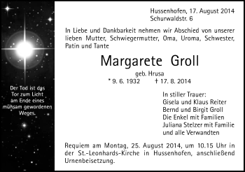 Traueranzeige von Margarete Groll von Gmünder Tagespost