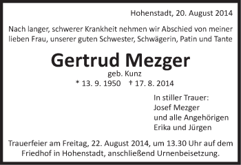 Traueranzeige von Gertrud Mezger von Gmünder Tagespost