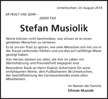 Traueranzeige von Stefan Musiolik von Schwäbische Post