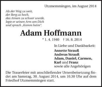 Traueranzeige von Adam Hoffmann von Schwäbische Post