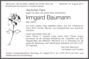 Traueranzeige von Irmgard Baumann von Schwäbische Post
