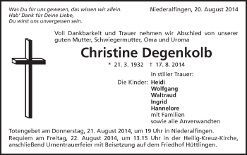 Traueranzeige von Christine Degenkolb von Schwäbische Post