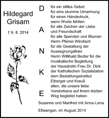 Traueranzeige von Hildegard Grisam von Schwäbische Post