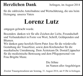 Traueranzeige von Lorenz Lutz von Schwäbische Post