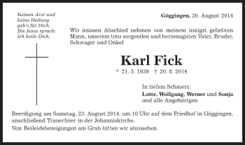 Traueranzeige von Karl Fick von Gmünder Tagespost