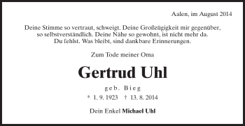 Traueranzeige von Gertrud Uhl von Schwäbische Post