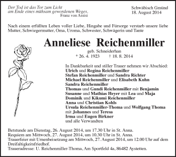 Traueranzeige von Anneliese Reichenmiller von Gmünder Tagespost