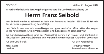 Traueranzeige von Franz Seibold von Schwäbische Post