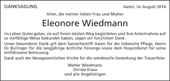 Traueranzeige von Eleonore Wiedmann von Schwäbische Post