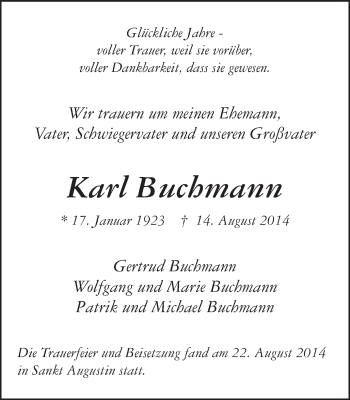 Traueranzeige von Karl Buchmann von Schwäbische Post