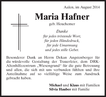 Traueranzeige von Maria Hafner von Schwäbische Post