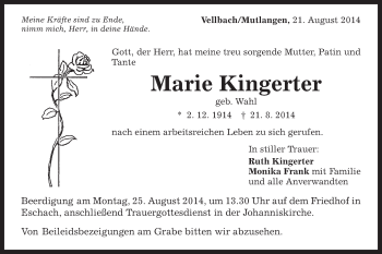 Traueranzeige von Marie Kingerter von Gmünder Tagespost
