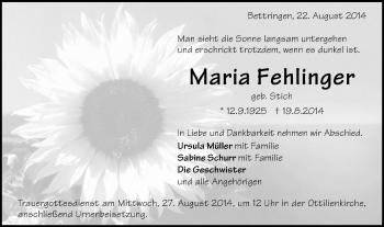 Traueranzeige von Maria Fehlinger von Gmünder Tagespost