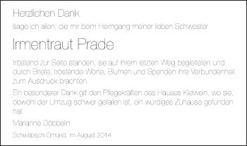 Traueranzeige von Irmentraut Prade von Gmünder Tagespost