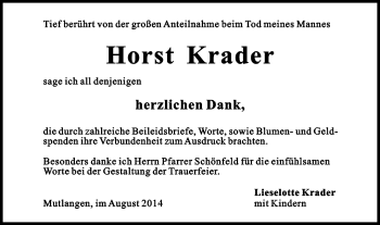 Traueranzeige von Horst Krader von Gmünder Tagespost