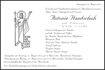 Traueranzeige von Antonie Handschuh von Schwäbische Post