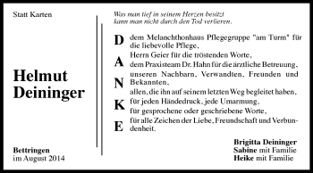 Traueranzeige von Helmut Deininger von Gmünder Tagespost