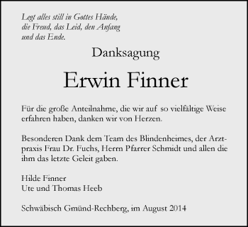 Traueranzeige von Erwin Finner von Gmünder Tagespost