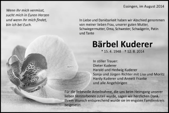 Traueranzeige von Bärbel Kuderer von Schwäbische Post