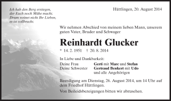Traueranzeige von Reinhardt Glucker von Schwäbische Post