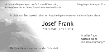 Traueranzeige von Josef Frank von Gmünder Tagespost