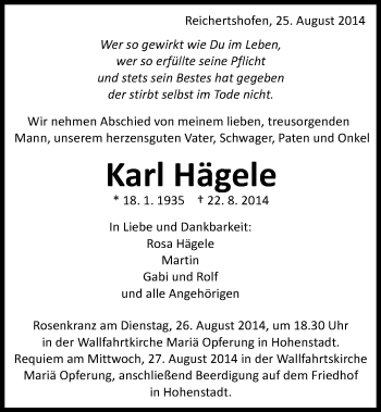 Traueranzeige von Karl Hägele von Schwäbische Post