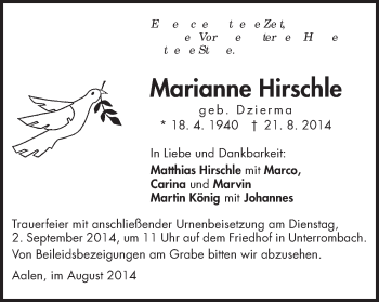 Traueranzeige von Marianne Hirschle von Schwäbische Post